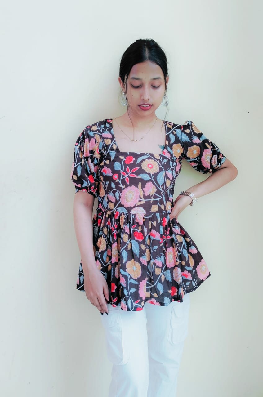 Floral Pleated Short Kurti Top