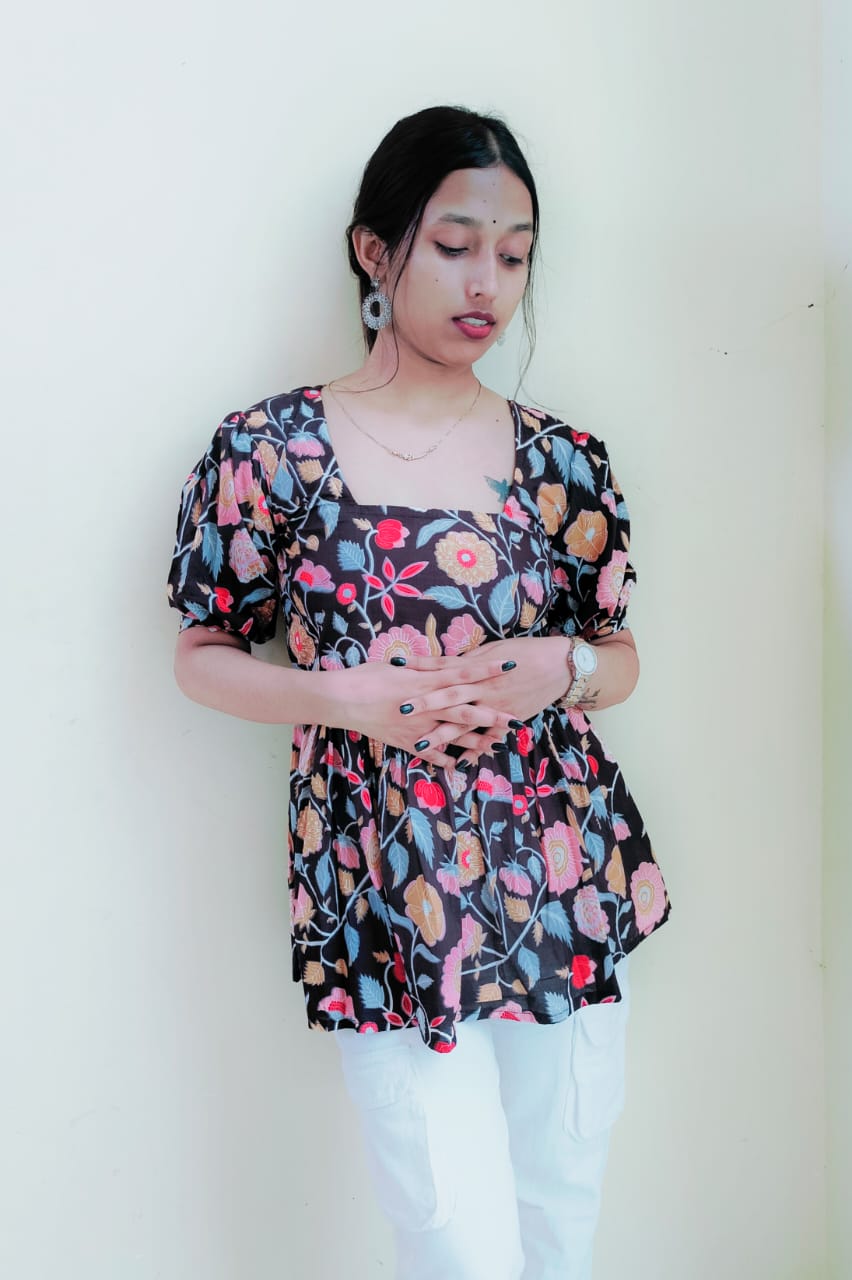 Floral Pleated Short Kurti Top