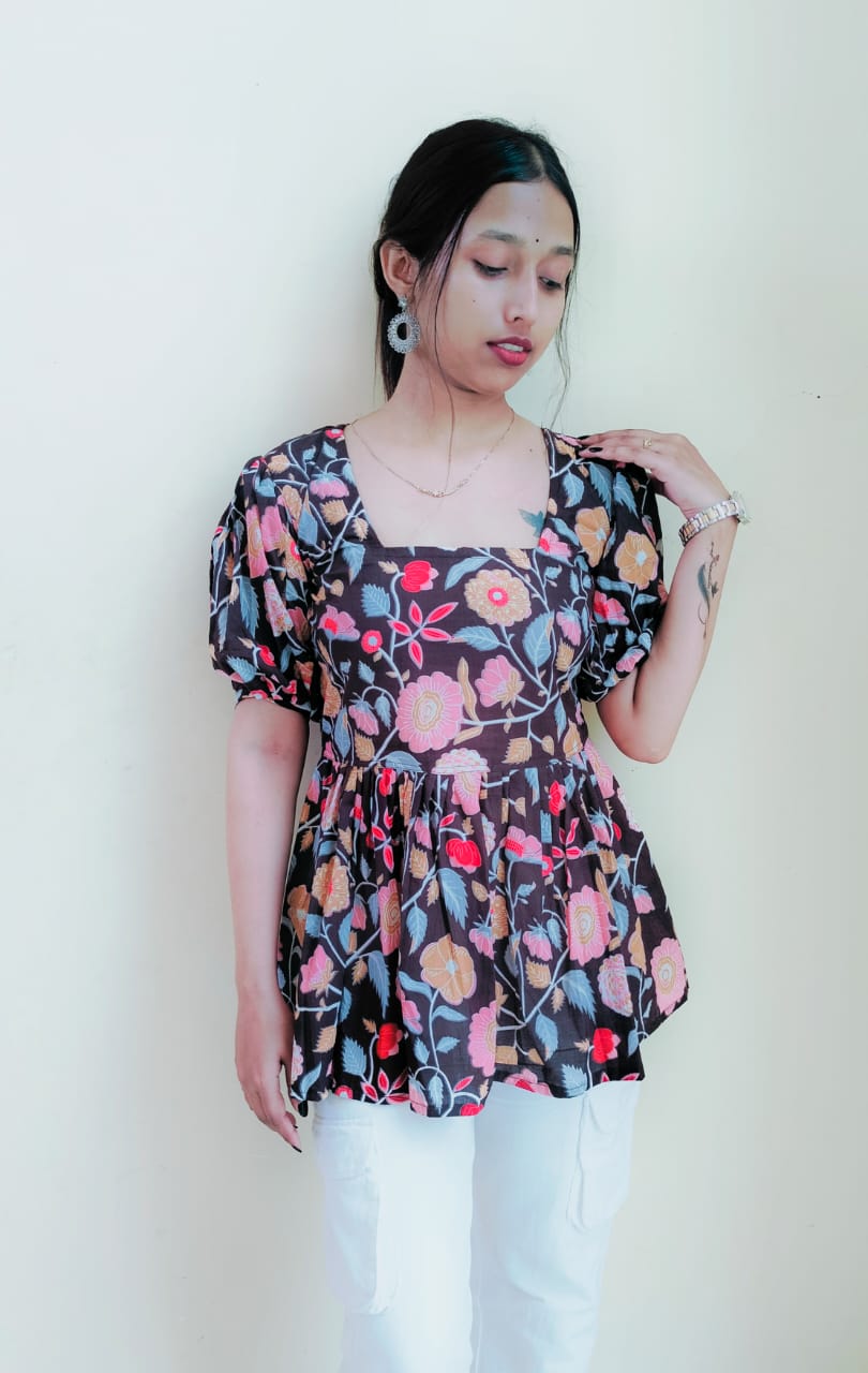 Floral Pleated Short Kurti Top