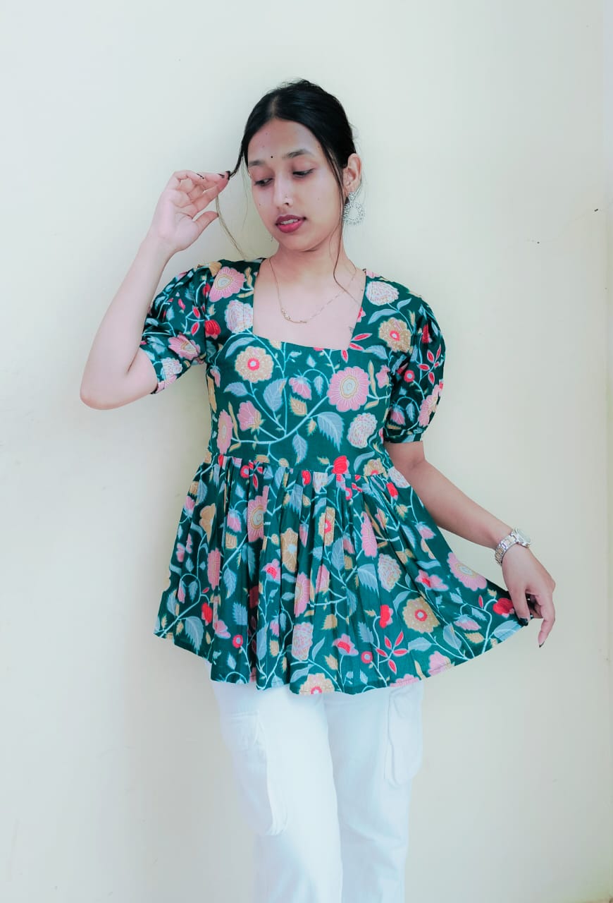 Floral Pleated Short Kurti Top