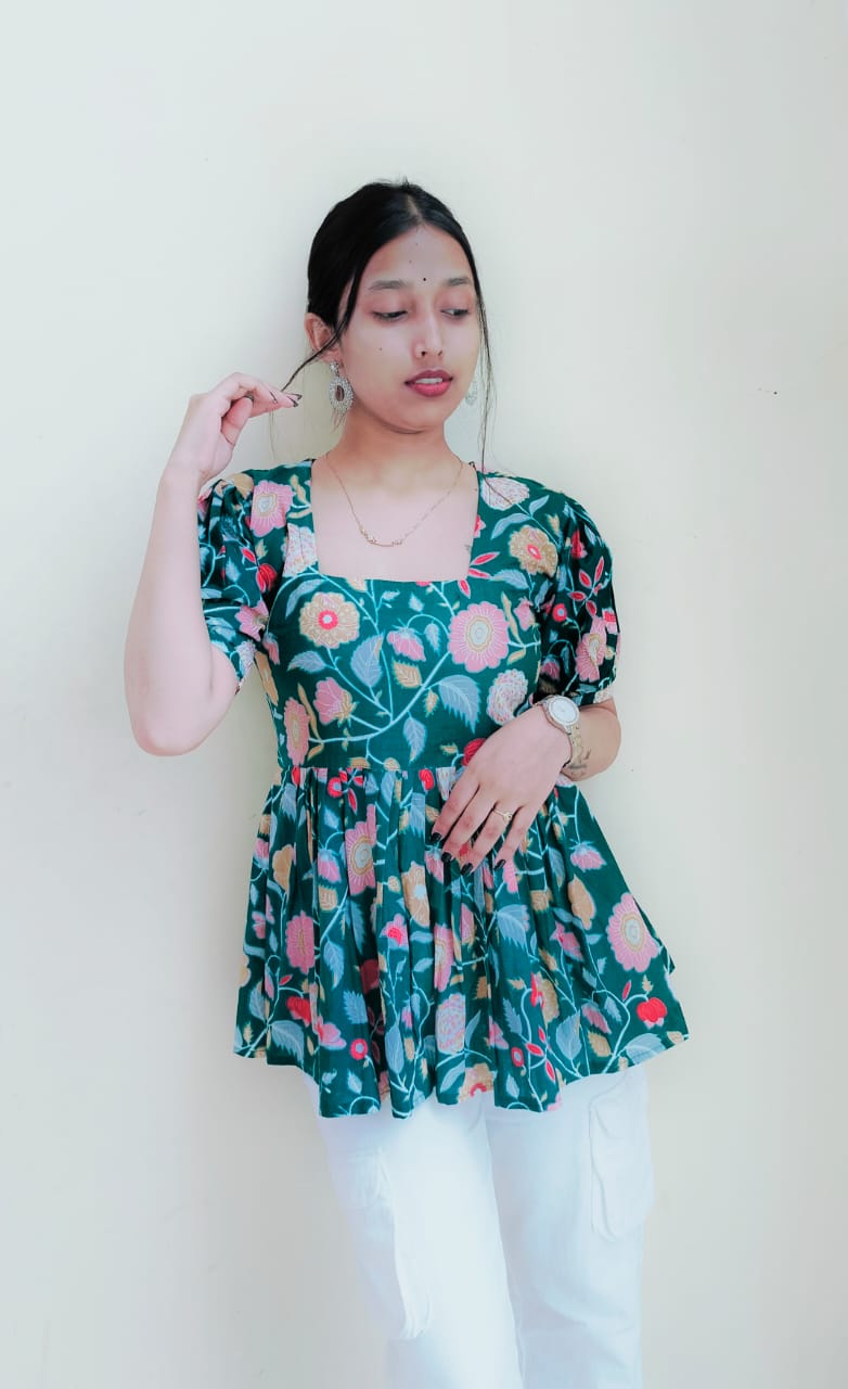 Floral Pleated Short Kurti Top