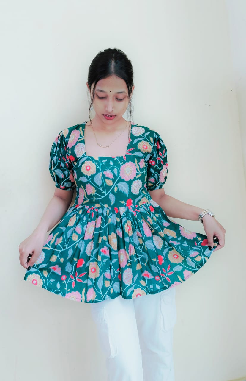 Floral Pleated Short Kurti Top