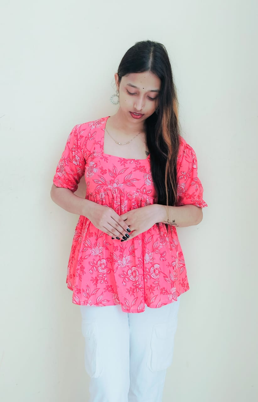 Floral Pleated Short Kurti Top