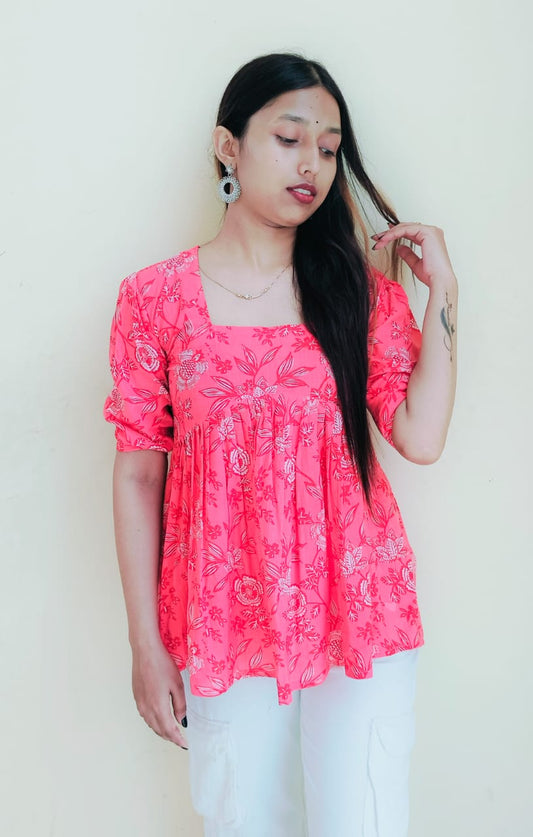 Floral Pleated Short Kurti Top