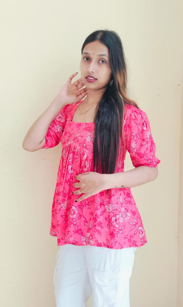 Floral Pleated Short Kurti Top