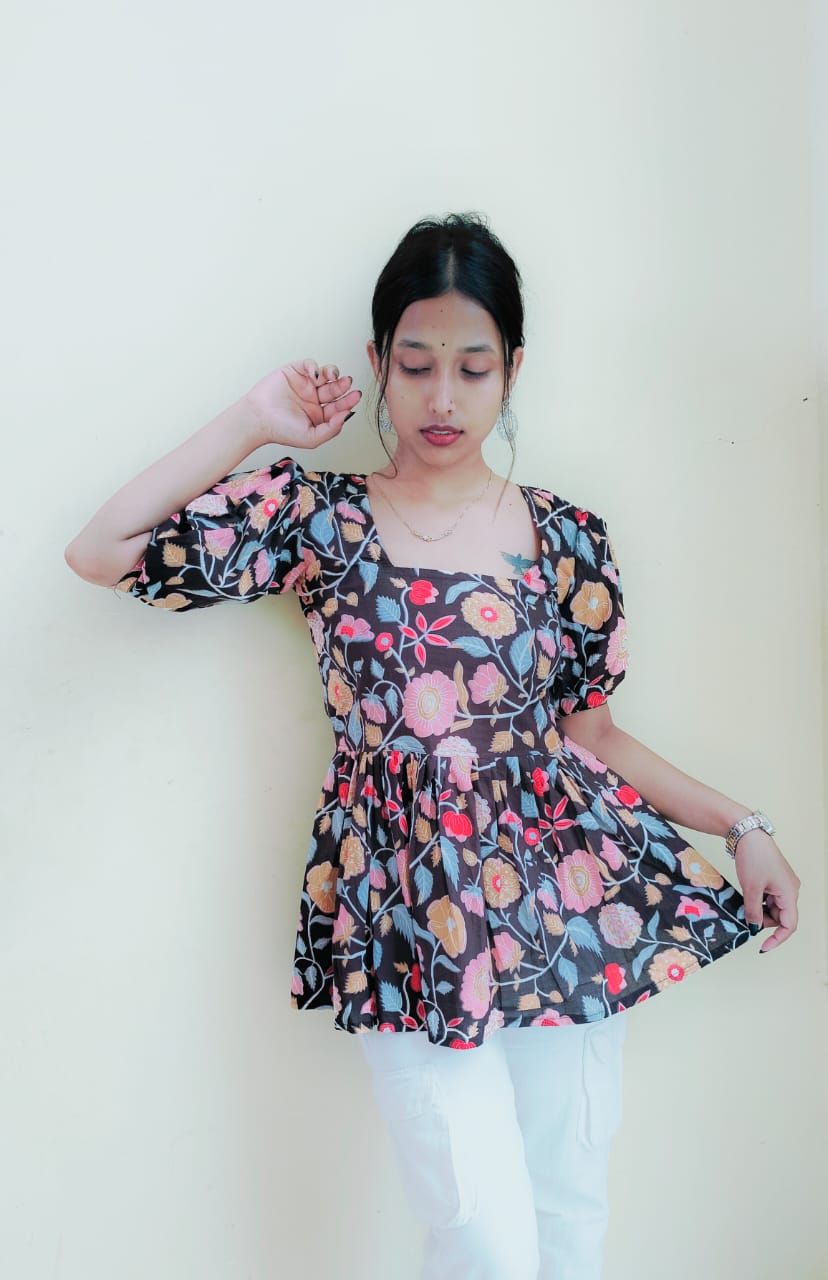 Floral Pleated Short Kurti Top