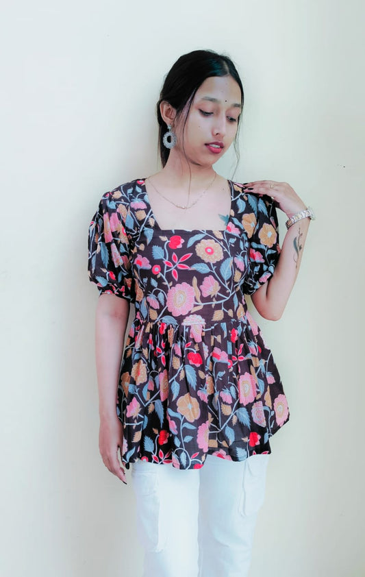 Floral Pleated Short Kurti Top
