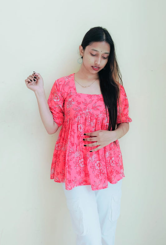 Floral Pleated Short Kurti Top