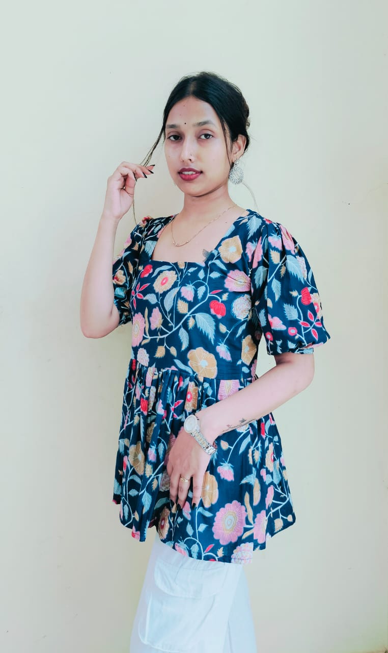 Floral Pleated Short Kurti Top