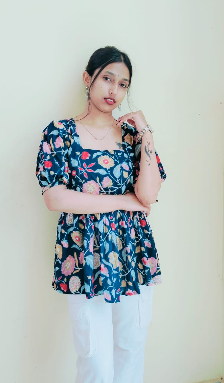 Floral Pleated Short Kurti Top