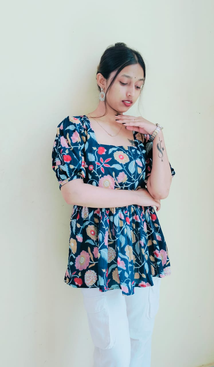 Floral Pleated Short Kurti Top