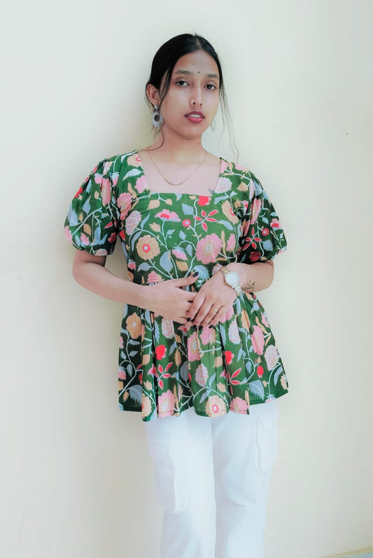 Floral Pleated Short Kurti Top