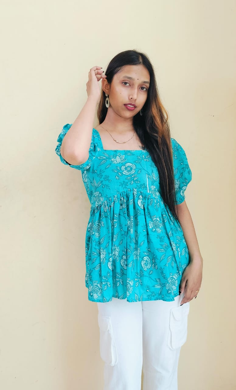 Floral Pleated Short Kurti Top