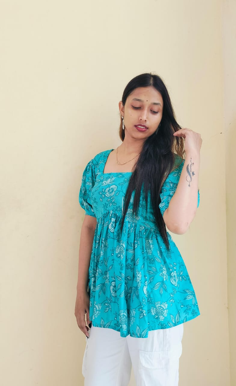 Floral Pleated Short Kurti Top