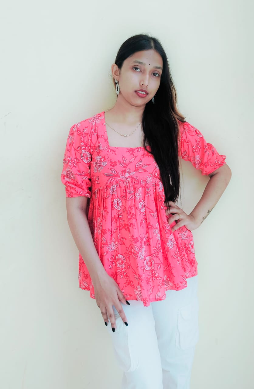 Floral Pleated Short Kurti Top